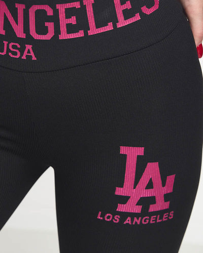 Schwarze, gerippte Damen-Leggings mit rosa Aufschriften - Kleidung