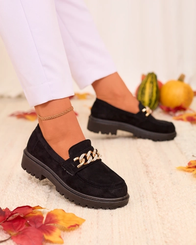 Royalfashion Damen Mokassins in schwarz mit goldenem Ornament Efehhi