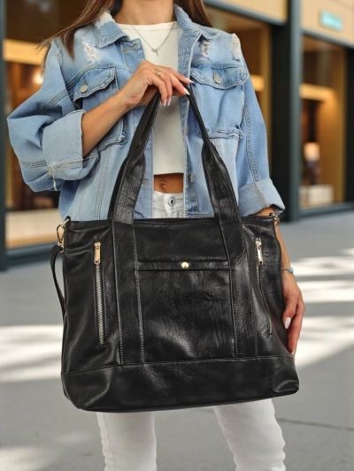 Damenhandtasche aus Öko-Leder Nerina – schwarze italienische Shopper mit Reißverschluss