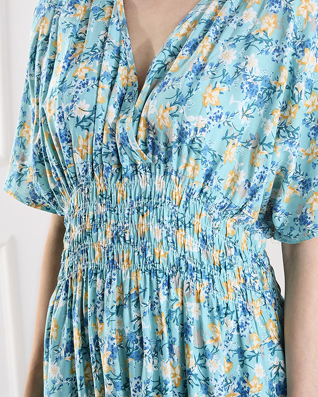 Blaues Damen-Midikleid mit Blumenmuster- Kleidung