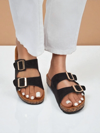 Damen-Pantoletten Letitia schwarz, Wildleder, flacher Absatz, italienisches Design