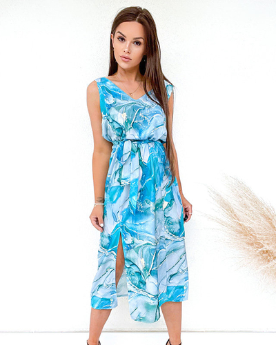 Blau gemustertes Midikleid. Kleidung