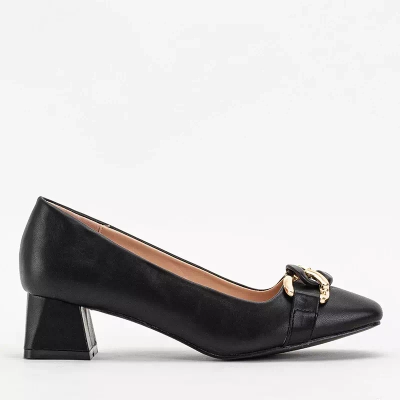 OUTLET Schwarze Damenpumps auf niedrigem Pfosten mit Vetina-Dekoration - Schuhe