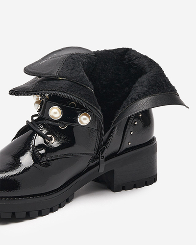 Schwarz lackierte Damenstiefel mit Perlen Salviso - Schuhe