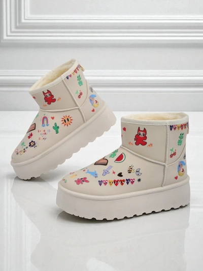 Lemuria Stiefeletten - Cremefarbene Doodle Schneestiefel mit dicker Furrini Sohle