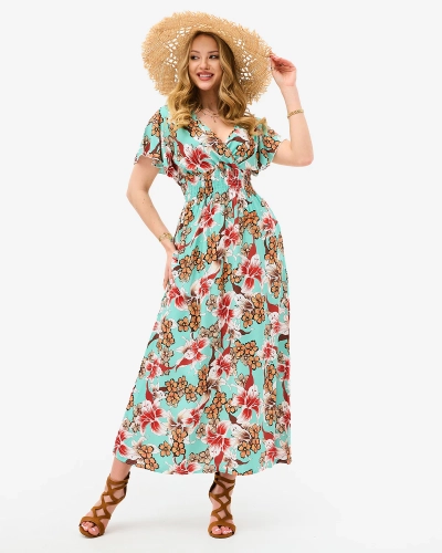 Mintfarbenes Damen-Midikleid mit Blumenmuster - Kleidung