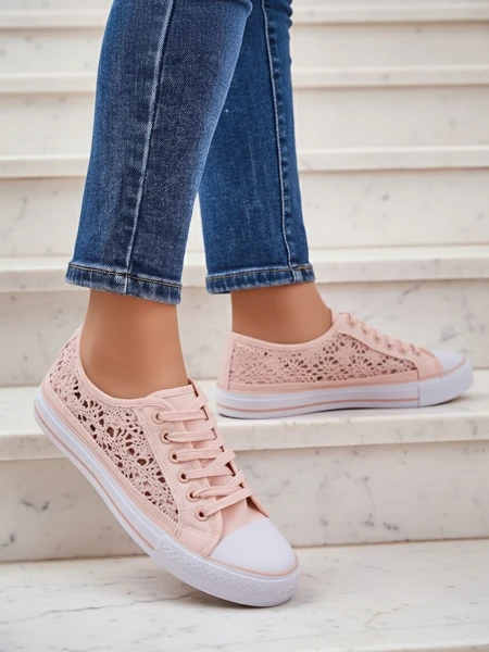 Rosa Damen-Sneakers Stoff Kalipso – Ajour-Sneakers mit flacher Sohle