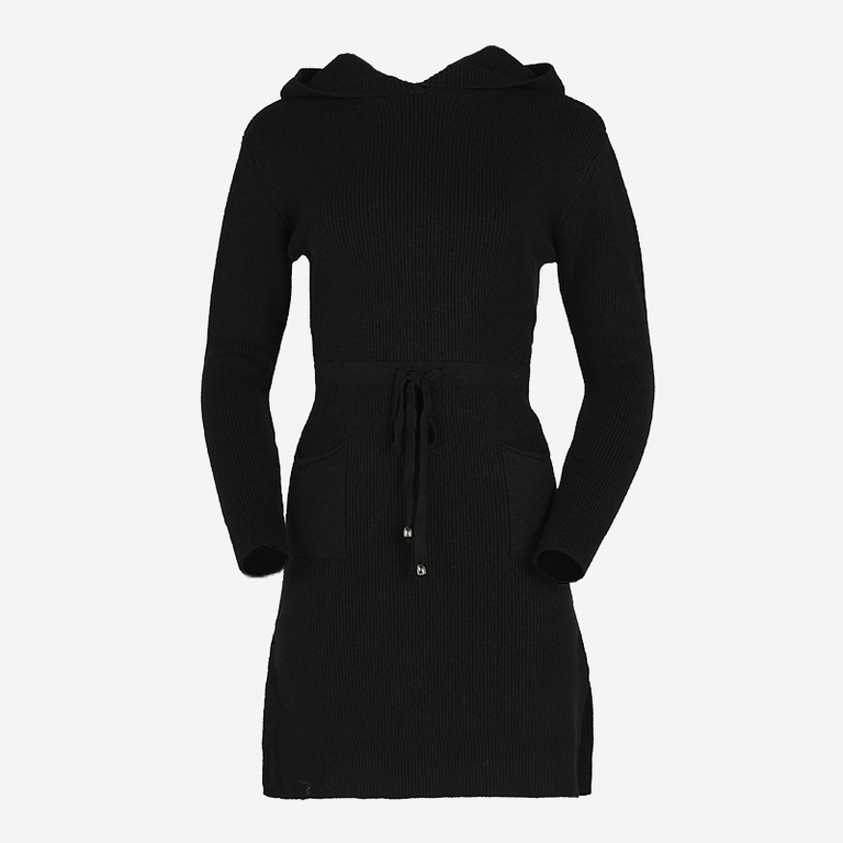 Schwarzes Damen-Pulloverkleid mit Kapuze - Kleidung
