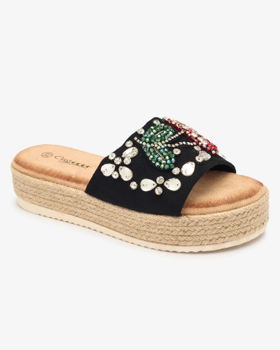 Royalfashion Schwarze verzierte Damen-Flip-Flops mit dicker Sohle Avadeka