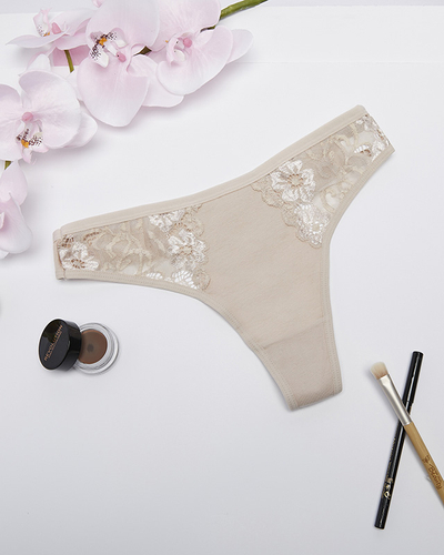 Damen-String aus beiger Baumwolle mit dekorativer Spitze - Unterwäsche