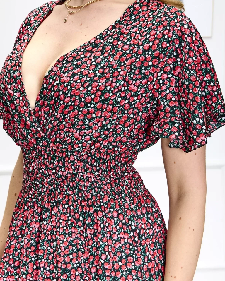 Schwarzes langes Damenkleid mit Blumendruck - Kleidung