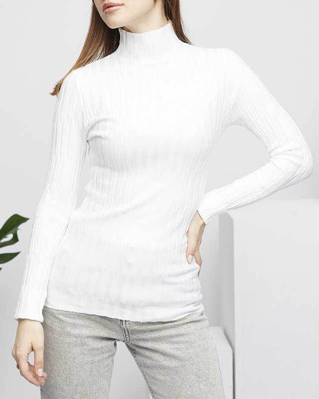 Weißer gerippter Damenpullover mit Stehkragen - Bekleidung