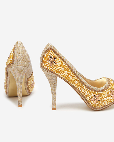 Gold Frauen Brokat Pumps mit Zirkonia und Gitana Perlen - Schuhe