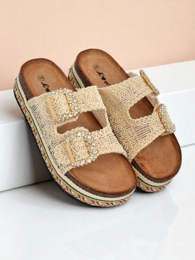 Royalfashion Damen-Pantoletten mit Strassschnallen GlamCork