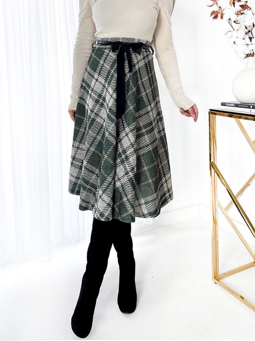 Royalfashion Зелено-сіра жіноча спідниця міді в клітинку