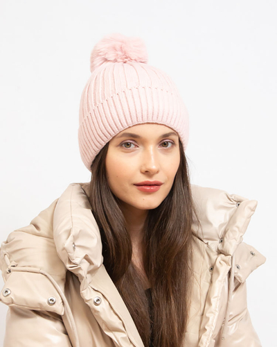 Graue, isolierte, glänzende Damenmütze mit Bommel - Accessoires