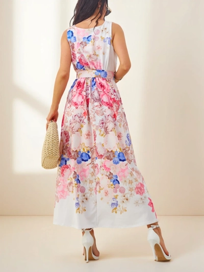 Royalfashion Damen Viskose-Midikleid mit Trägern, mit einem Gürtel in verschiedenen Blumen