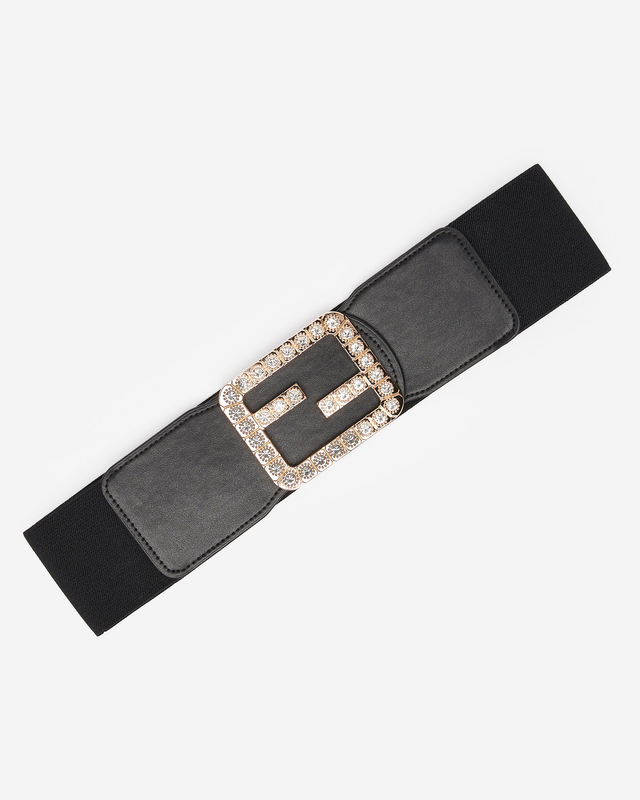 Schwarz Breiter elastischer Damengürtel mit Zirkonia - Accessoires