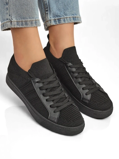 Damen-Sneakers Livia Nero - schwarze Stoff- und Öko-Leder-Turnschuhe mit flacher Sohle