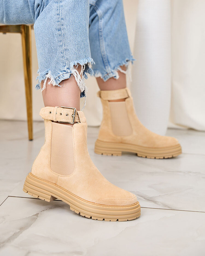 Royalfashion Beige Damenstiefel mit Zierriemen Loffdo