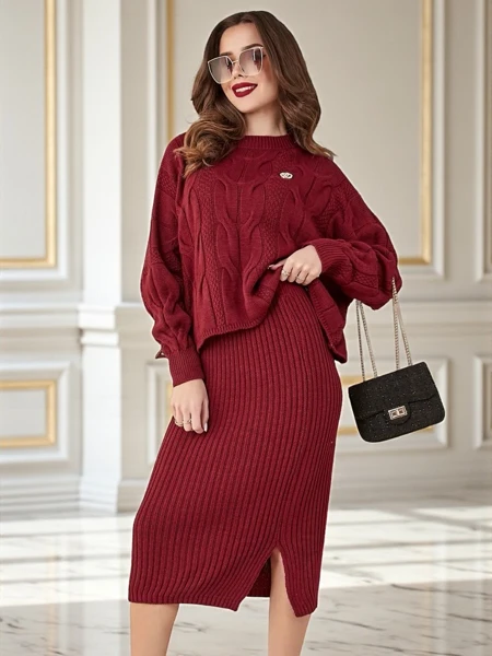 Royalfashion Acrylgeflochtenes Damen-Set mit Pullover und Rock Warm&Fuzzy