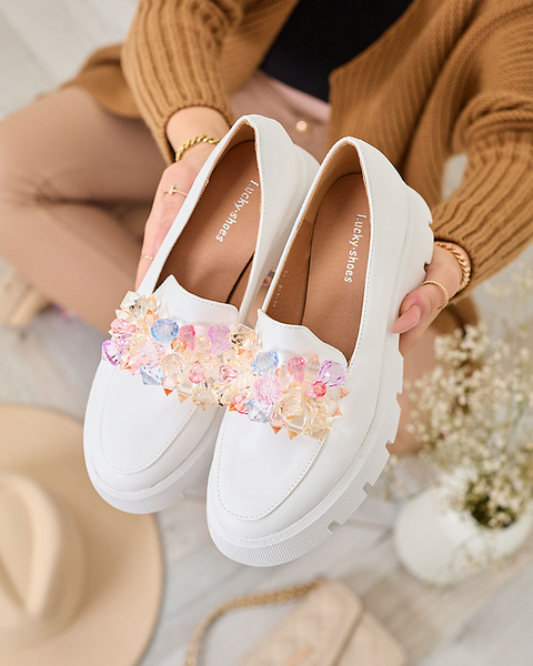 Royalfashion Weiße Damen Mokassins mit bunten Kristallen Crystal Glam