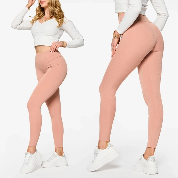 Rosa gerippte Damen-Leggings - Kleidung
