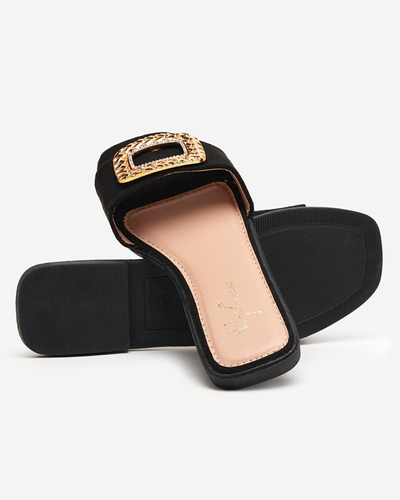 OUTLET Schwarze Öko-Wildleder-Hausschuhe für Damen mit goldener Schnalle Lozi. Schuhwerk