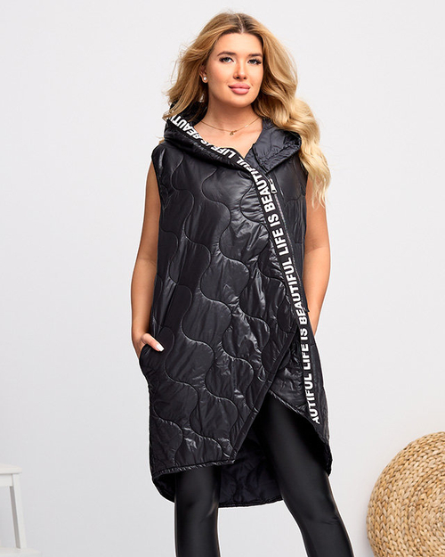 Чорний довгий стьобаний жилет з принтом