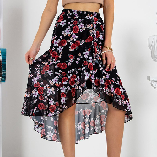 Чорна асиметрична спідниця з червоним квітковим принтом