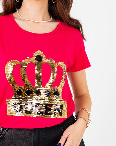 Fuchsia Damen T-Shirt mit Krone und Pailletten - Kleidung