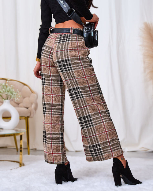 Royalfashion Бежеві жіночі широкі брюки в клітинку