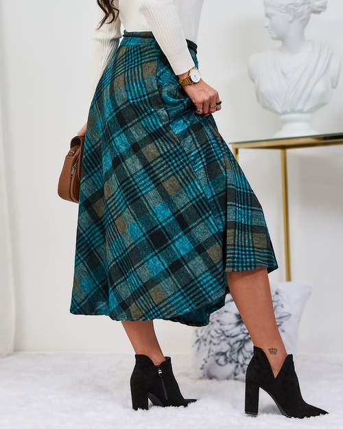 Royalfashion Світло-коричнева та бірюзова жіноча спідниця міді в клітинку