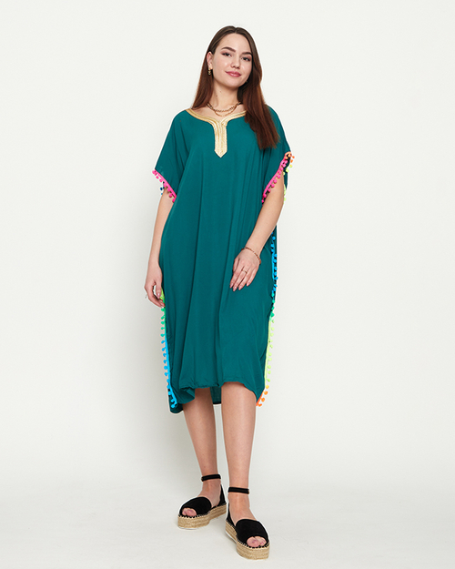 Темно-зелена жіноча літня пляжна туніка з помпонами - Одяг