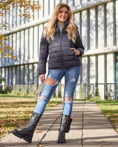 Marineblaue Damen-Steppjacke mit Kapuze und Pelz- Kleidung