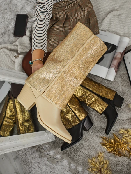 Жіночі ботильйони з екошкіри на підборах-стовпчику з декоративною халявою Virelia