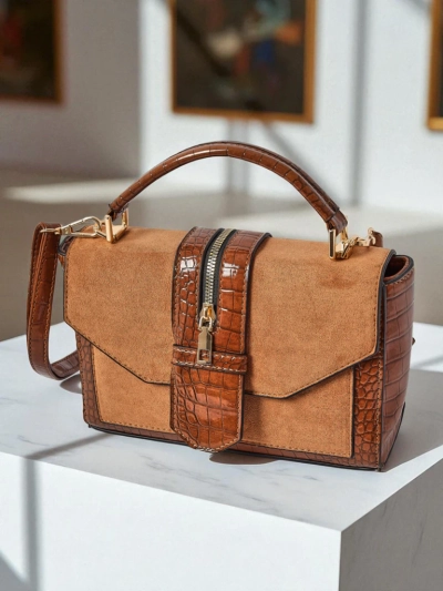 Damen Handtasche Callista aus Wildleder- und Lack-Öko-Leder, braun