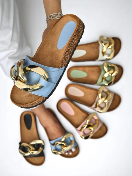 Callista Royalfashion Damen Sandalen mit Kette – ecru/blau, flacher Absatz