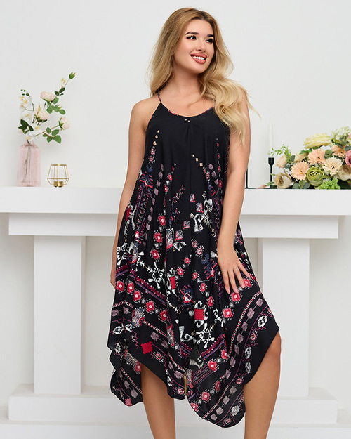 Чорне жіноче плаття з асиметричним подолом з принтом - Одяг