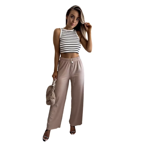 Світло-коричневі жіночі широкі брюки в рубчик - Одяг
