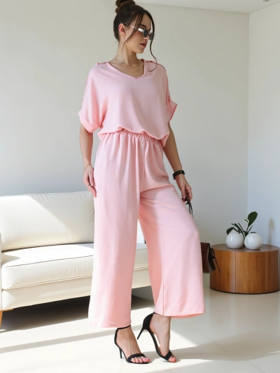 Royalfashion Damen Freizeit-Set mit kurzärmeliger Bluse und weiten Hosen