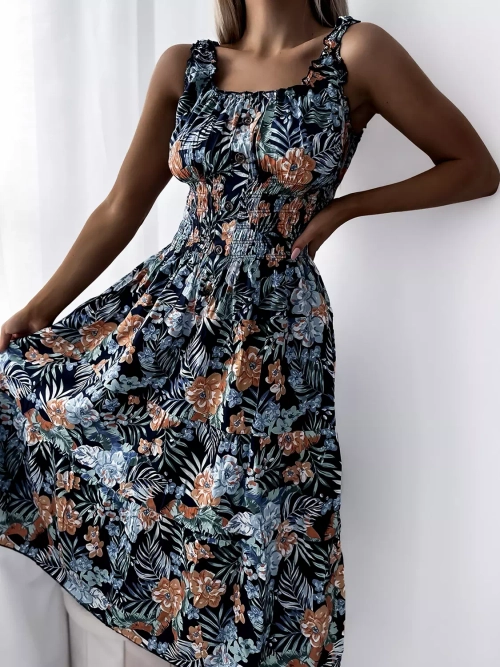 Темно-синя жіноча сукня до коліна з квітковим мотивом - Одяг