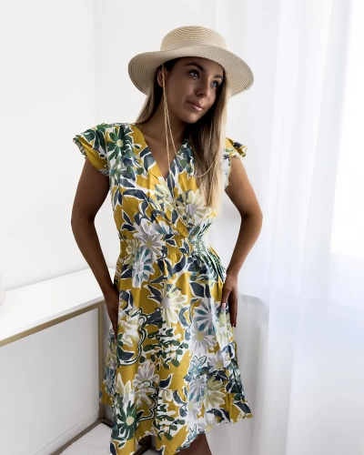 Senfgelbes Damen-Minikleid mit Blumendruck - Kleidung