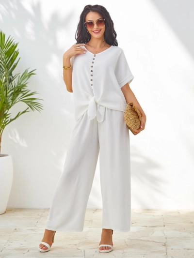 Royalfashion Damen-Casual-Set mit Kurzarmbluse und weiten Hosen