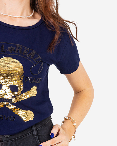 Marineblaues Damen-T-Shirt mit Pailletten und Aufschriften - Kleidung