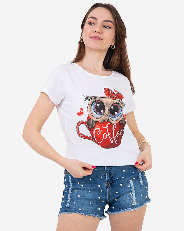Weißes Damen-T-Shirt mit Eule - Kleidung