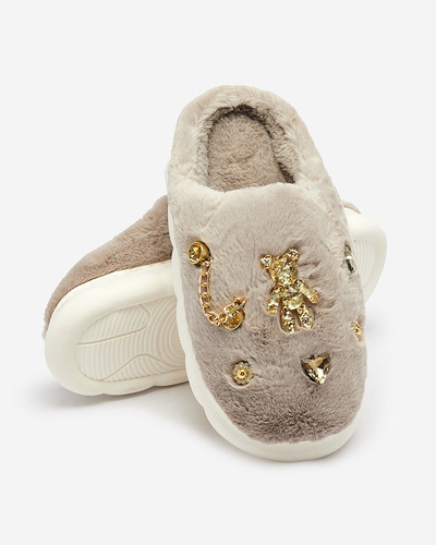 Royalfashion Graue Damenpelzpantoffeln mit Ornamenten Erserra