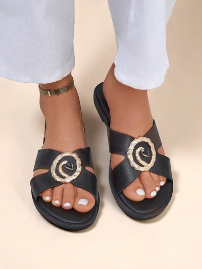 Royalfashion Damen Pantoletten mit flacher Sohle Golden Step