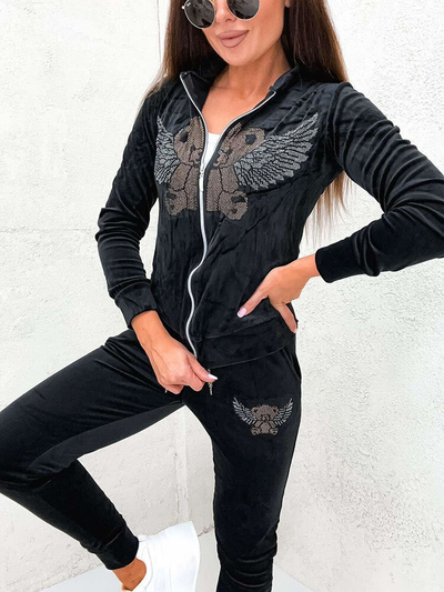 Royalfashion Schwarzes Damen-Sweatshirt-Set mit Zirkonen