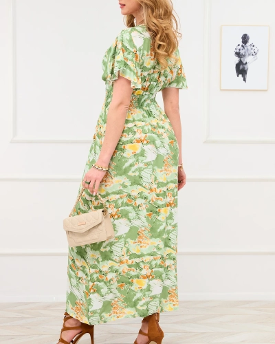 Grünes, langes Damenkleid mit modischem Muster - Kleidung